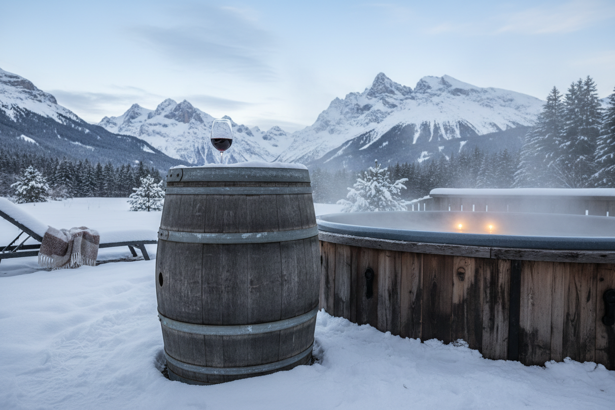 Houten wijnton naast hottub met uitzicht op gebergte in winter setting met sneeuw, glas wijn op houten ton